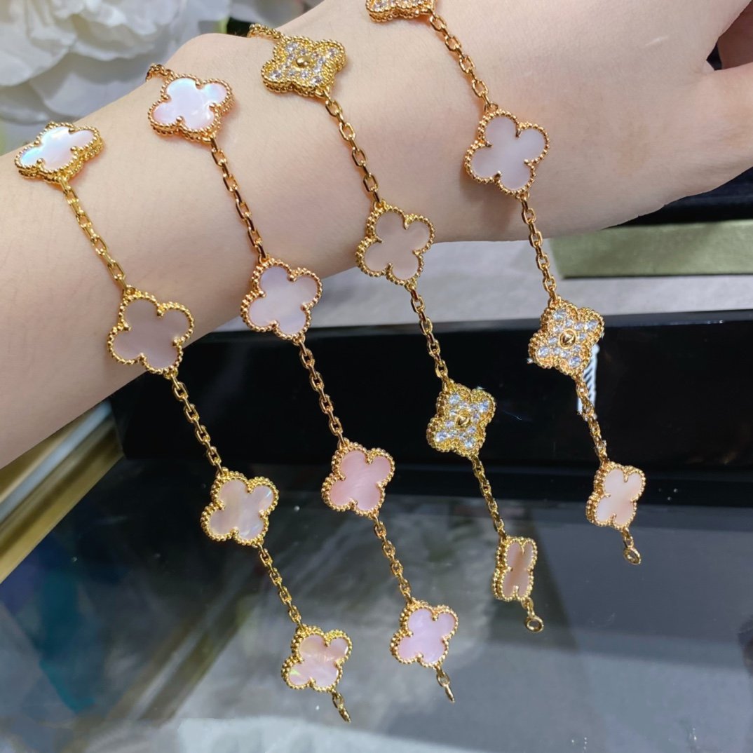 [Royal Jewelry]CLOVER 5 MOTIF DIAMOND PINK MOP PINK GOLD BRACELET