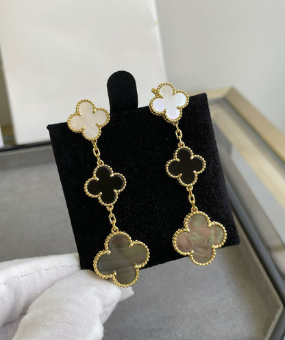 [Royal Jewelry]CLOVER 3 MOTIF MOP ONYX DARK MOP PINK GOLD EARRINGS