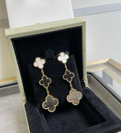 [Royal Jewelry]CLOVER 3 MOTIF MOP ONYX DARK MOP PINK GOLD EARRINGS