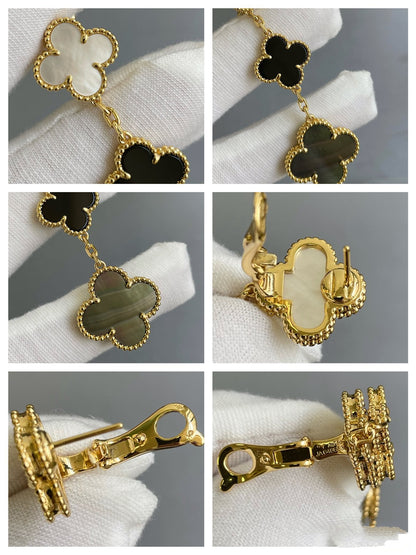 [Royal Jewelry]CLOVER 3 MOTIF MOP ONYX DARK MOP PINK GOLD EARRINGS