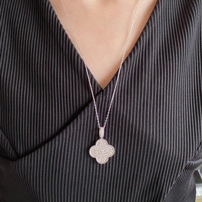 [Royal Jewelry]CLOVER 25MM LARGE PEDANT DIAMOND PAVED LONG NECKLACE