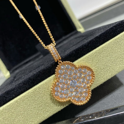 [Royal Jewelry]CLOVER 25MM LARGE PEDANT DIAMOND PAVED LONG NECKLACE
