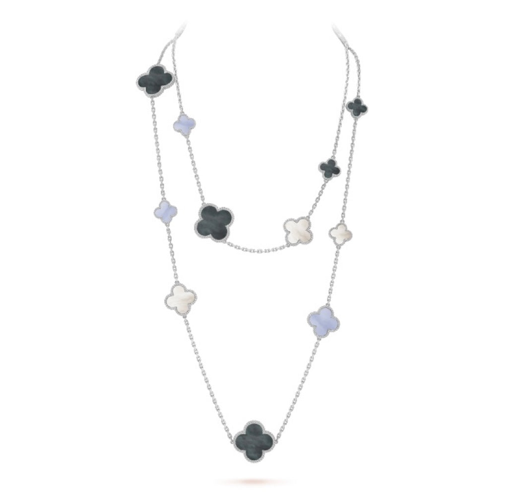[Royal Jewelry]CLOVER 16 MOTIF CHALCEDONY MOP SILVER NECKLACE