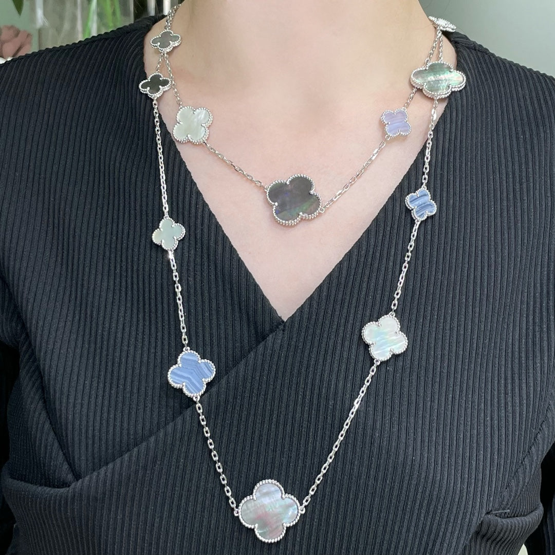 [Royal Jewelry]CLOVER 16 MOTIF CHALCEDONY MOP SILVER NECKLACE