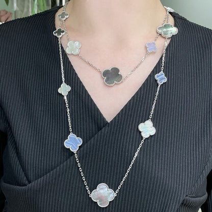 [Royal Jewelry]CLOVER 16 MOTIF CHALCEDONY MOP SILVER NECKLACE