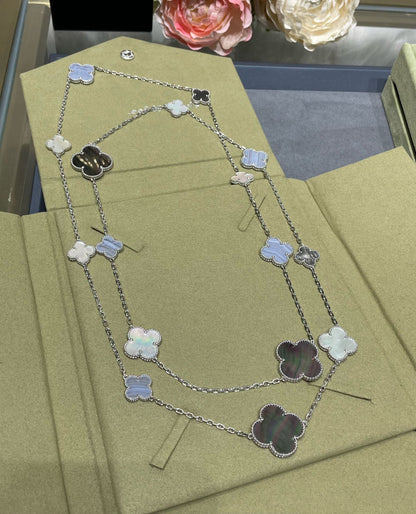 [Royal Jewelry]CLOVER 16 MOTIF CHALCEDONY MOP SILVER NECKLACE