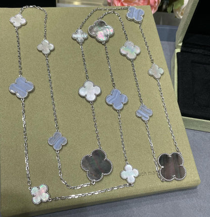 [Royal Jewelry]CLOVER 16 MOTIF CHALCEDONY MOP SILVER NECKLACE