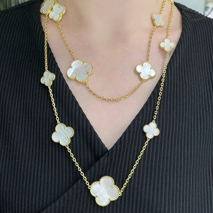 [Royal Jewelry]CLOVER 16 MOTIF WHITE MOP GOLD NECKLACE