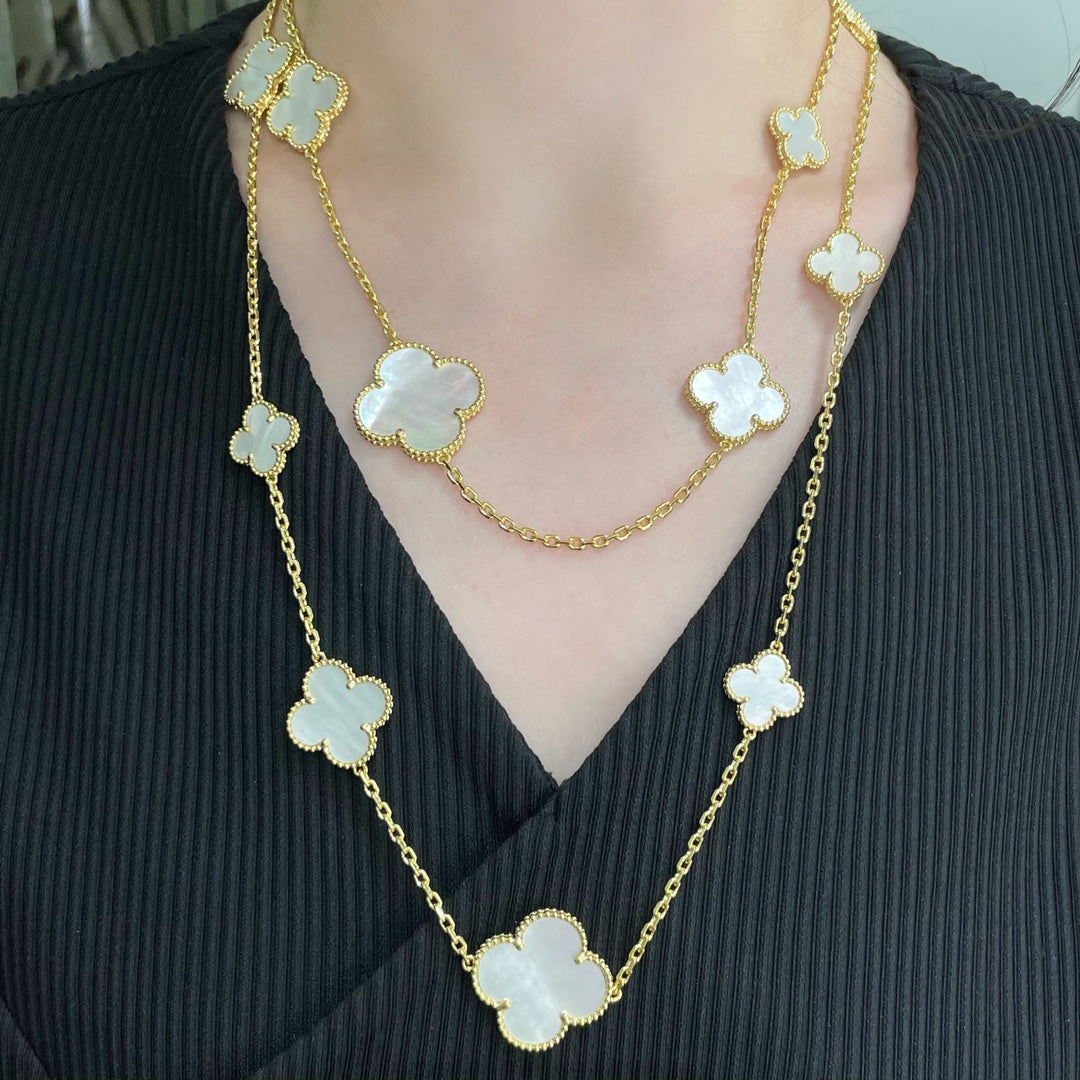 [Royal Jewelry]CLOVER 16 MOTIF WHITE MOP GOLD NECKLACE