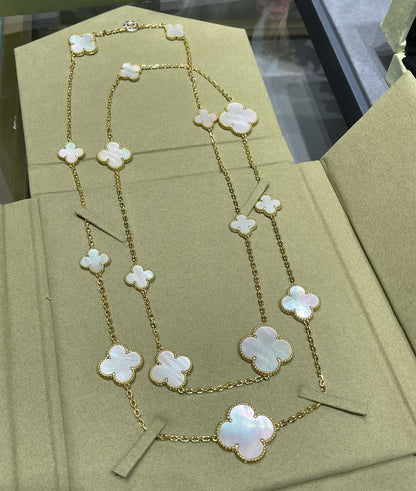[Royal Jewelry]CLOVER 16 MOTIF WHITE MOP GOLD NECKLACE