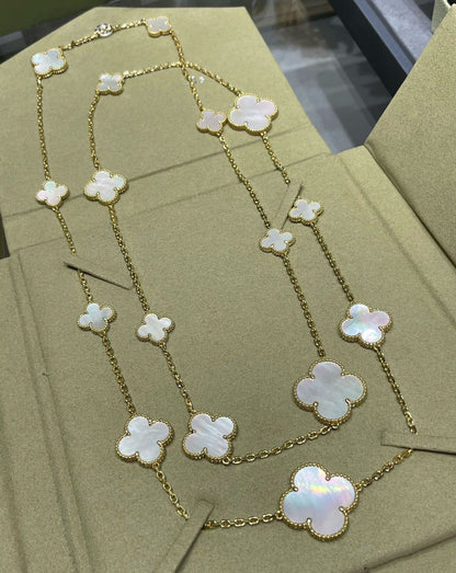 [Royal Jewelry]CLOVER 16 MOTIF WHITE MOP GOLD NECKLACE