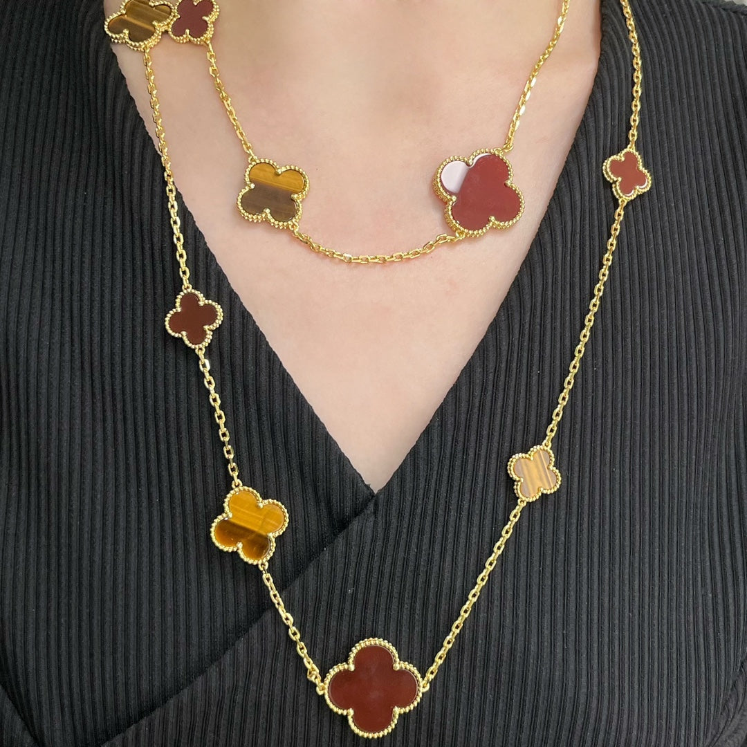 [Royal Jewelry]CLOVER 16 MOTIF CARNELIAN TIGER EYE ROSE GOLD NECKLACE