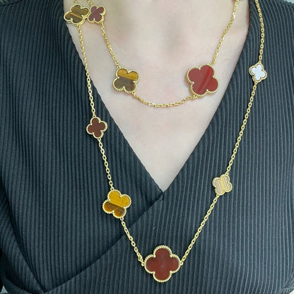 [Royal Jewelry]CLOVER 16 MOTIF CARNELIAN TIGER EYE ROSE GOLD NECKLACE