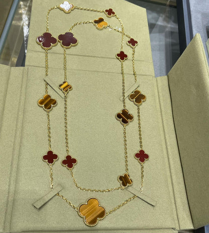 [Royal Jewelry]CLOVER 16 MOTIF CARNELIAN TIGER EYE ROSE GOLD NECKLACE