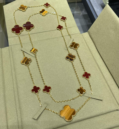 [Royal Jewelry]CLOVER 16 MOTIF CARNELIAN TIGER EYE ROSE GOLD NECKLACE