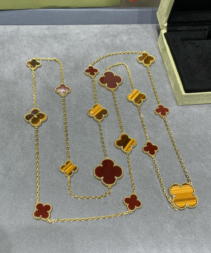 [Royal Jewelry]CLOVER 16 MOTIF CARNELIAN TIGER EYE ROSE GOLD NECKLACE