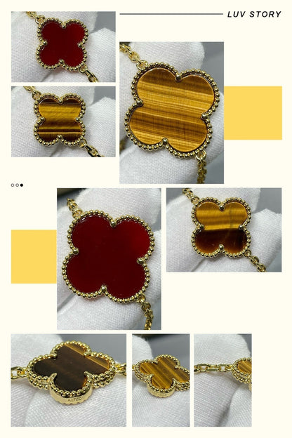 [Royal Jewelry]CLOVER 16 MOTIF CARNELIAN TIGER EYE ROSE GOLD NECKLACE