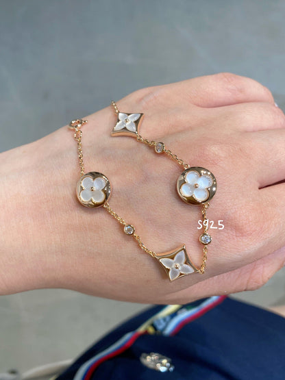 [Royal Jewelry]STAR AND SUN 4 MOTIF WHITE MOP PINK GOLD BRACELET