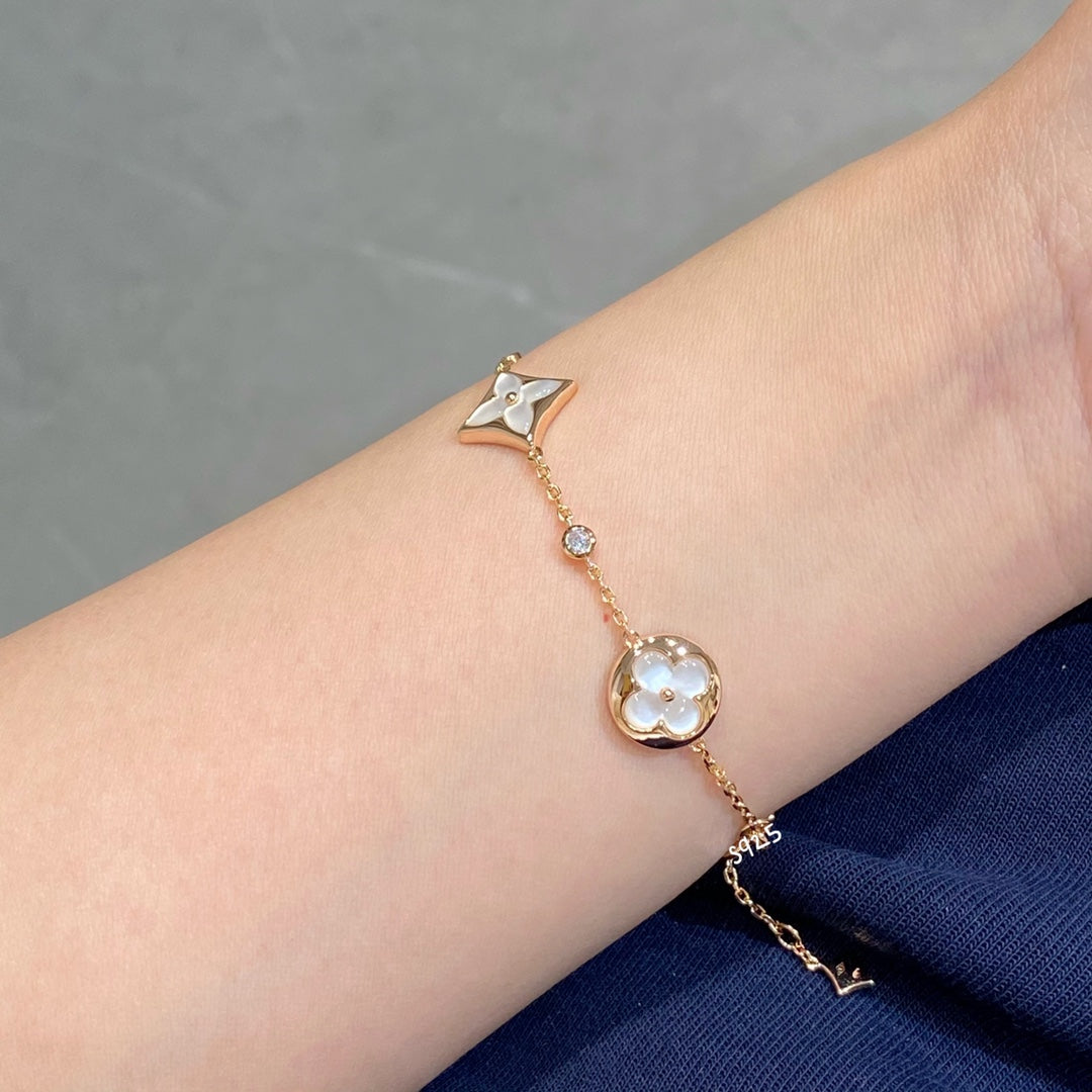 [Royal Jewelry]STAR AND SUN 4 MOTIF WHITE MOP PINK GOLD BRACELET