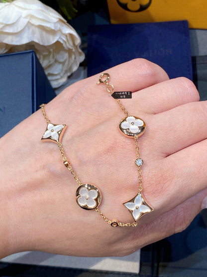 [Royal Jewelry]STAR AND SUN 4 MOTIF WHITE MOP PINK GOLD BRACELET