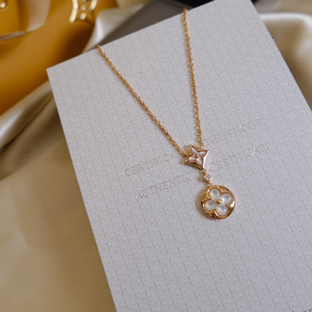 [Royal Jewelry]STAR AND SUN WHITE MOP 2 MOTIF PINK GOLD NECKLACE