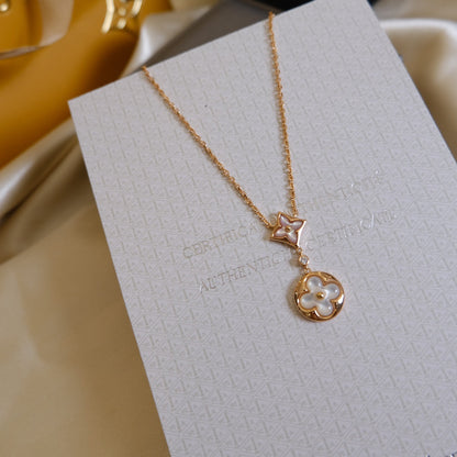 [Royal Jewelry]STAR AND SUN WHITE MOP 2 MOTIF PINK GOLD NECKLACE