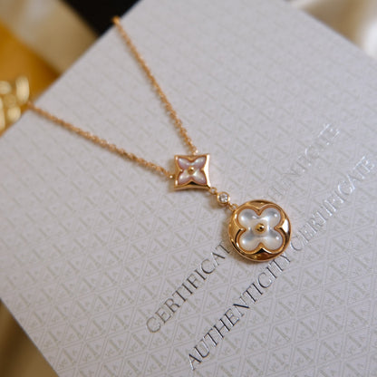 [Royal Jewelry]STAR AND SUN WHITE MOP 2 MOTIF PINK GOLD NECKLACE