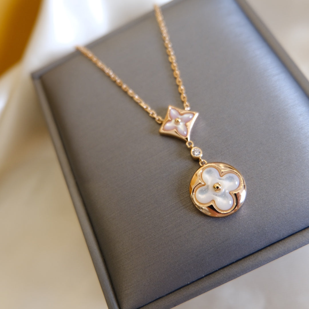 [Royal Jewelry]STAR AND SUN WHITE MOP 2 MOTIF PINK GOLD NECKLACE