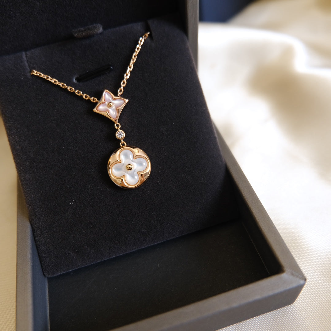 [Royal Jewelry]STAR AND SUN WHITE MOP 2 MOTIF PINK GOLD NECKLACE