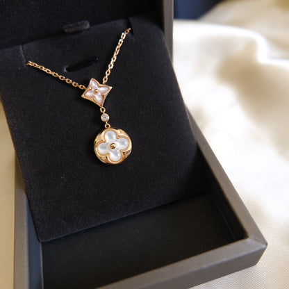 [Royal Jewelry]STAR AND SUN WHITE MOP 2 MOTIF PINK GOLD NECKLACE