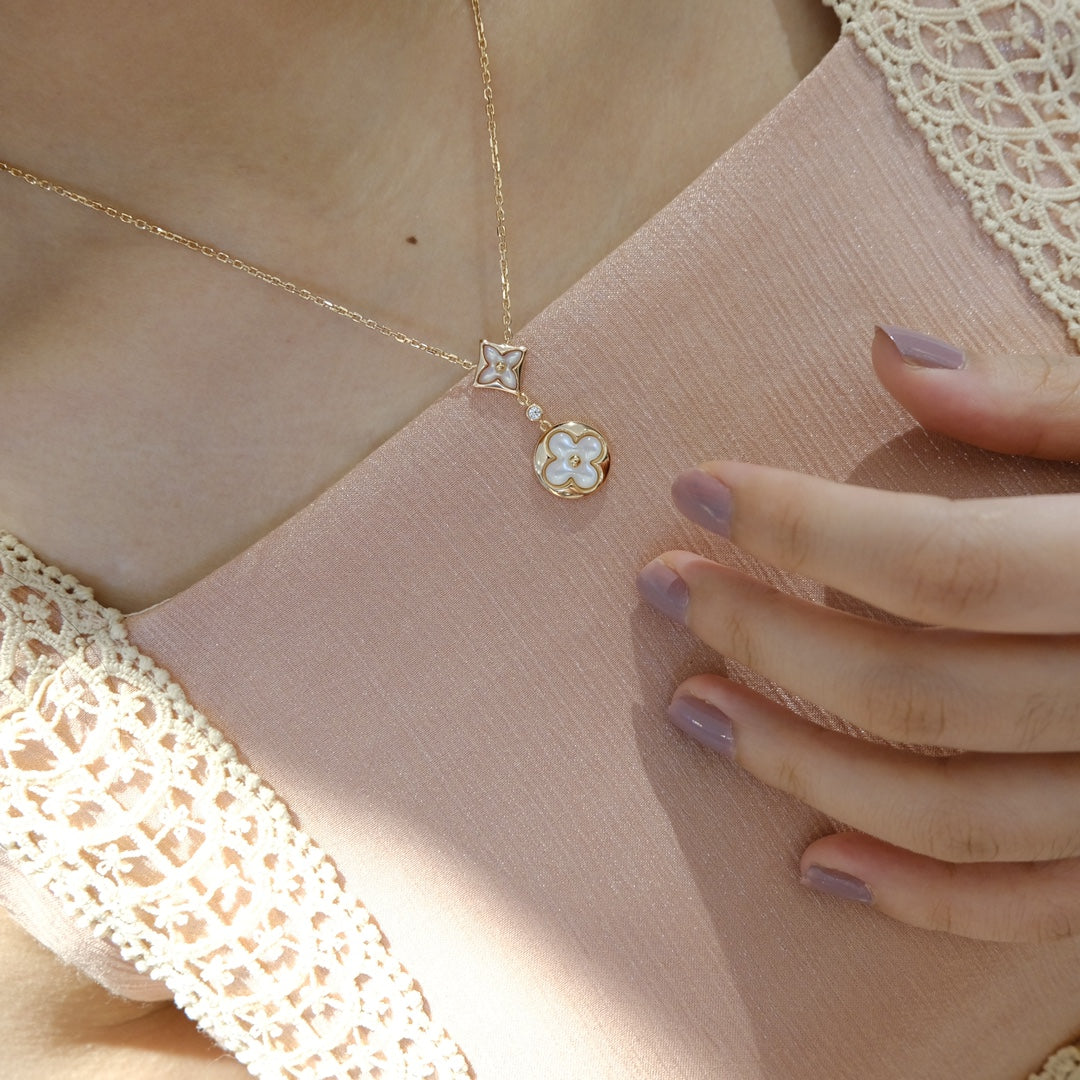 [Royal Jewelry]STAR AND SUN WHITE MOP 2 MOTIF PINK GOLD NECKLACE
