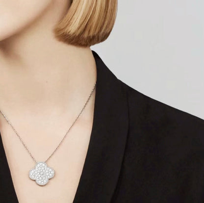 [Royal Jewelry]CLOVER 25MM LARGE PENDANT DIAMOND PAVED SILVER NECKLACE
