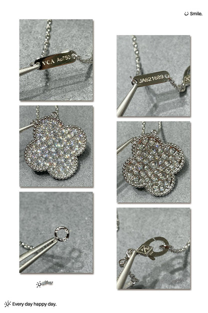 [Royal Jewelry]CLOVER 25MM LARGE PENDANT DIAMOND PAVED SILVER NECKLACE