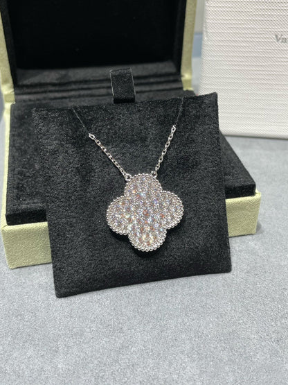 [Royal Jewelry]CLOVER 25MM LARGE PENDANT DIAMOND PAVED SILVER NECKLACE