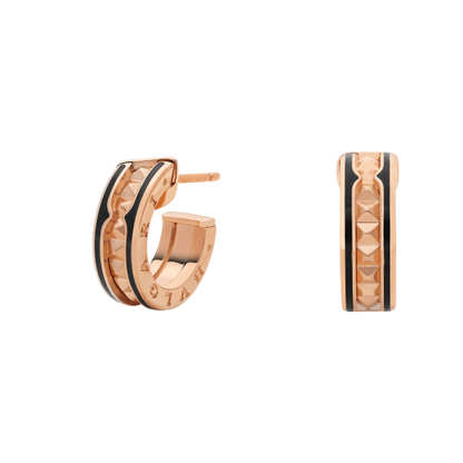 [Royal Jewelry]ZERO 1 ROCK PINK GOLD EARRINGS WITH STUDDED SPIRAL AND BLACK CERAMIC