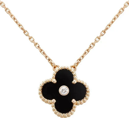[Royal Jewelry]CLOVER 15MM DIAMOND ONYX NECKLACE