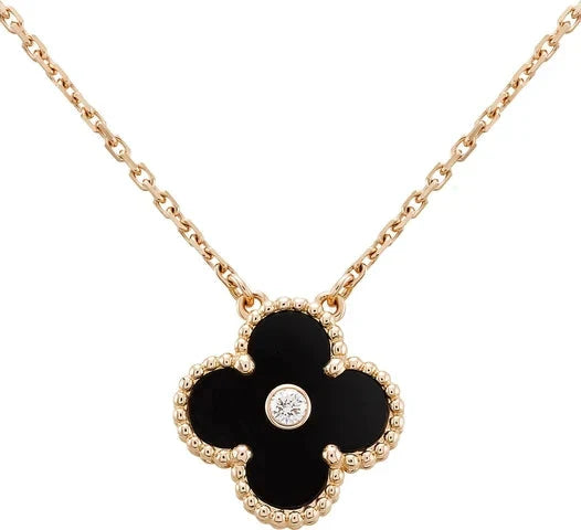 [Royal Jewelry]CLOVER 15MM DIAMOND ONYX NECKLACE