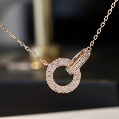 [Royal Jewelry]LOVE 7.6MM NECKLACE ROSE GOLD AND SILVER  FULL DIAMOND