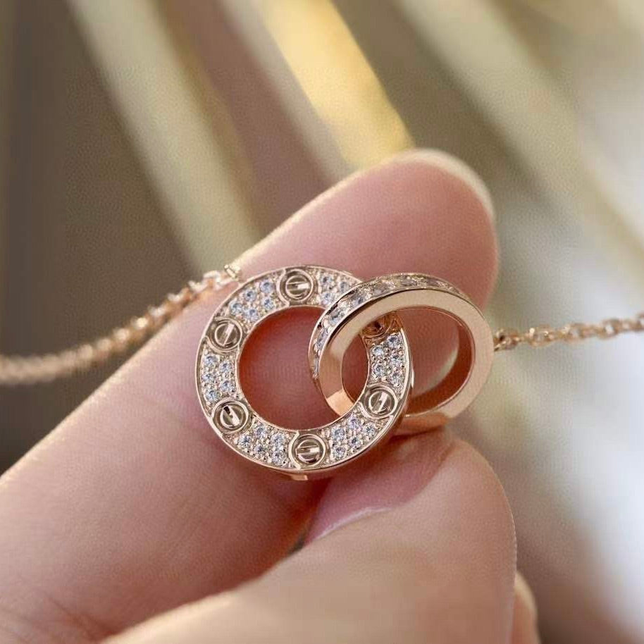 [Royal Jewelry]LOVE 7.6MM NECKLACE ROSE GOLD AND SILVER  FULL DIAMOND