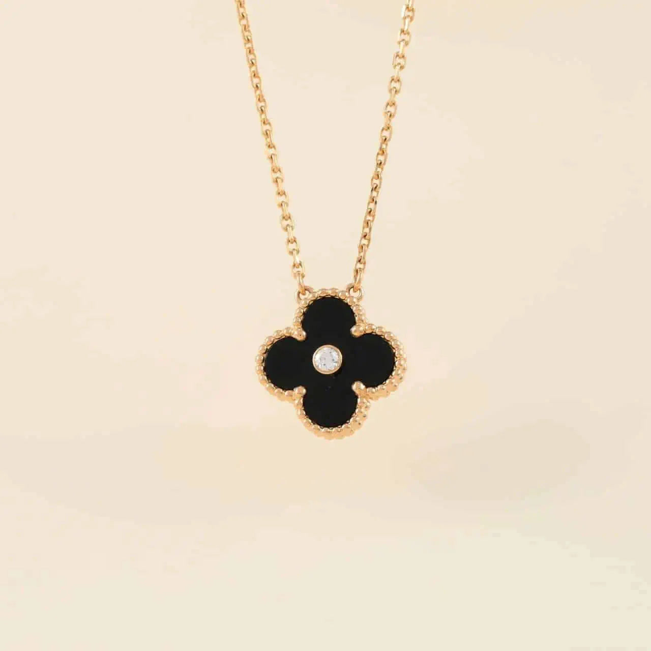 [Royal Jewelry]CLOVER 15MM DIAMOND ONYX NECKLACE