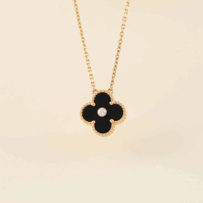 [Royal Jewelry]CLOVER 15MM DIAMOND ONYX NECKLACE