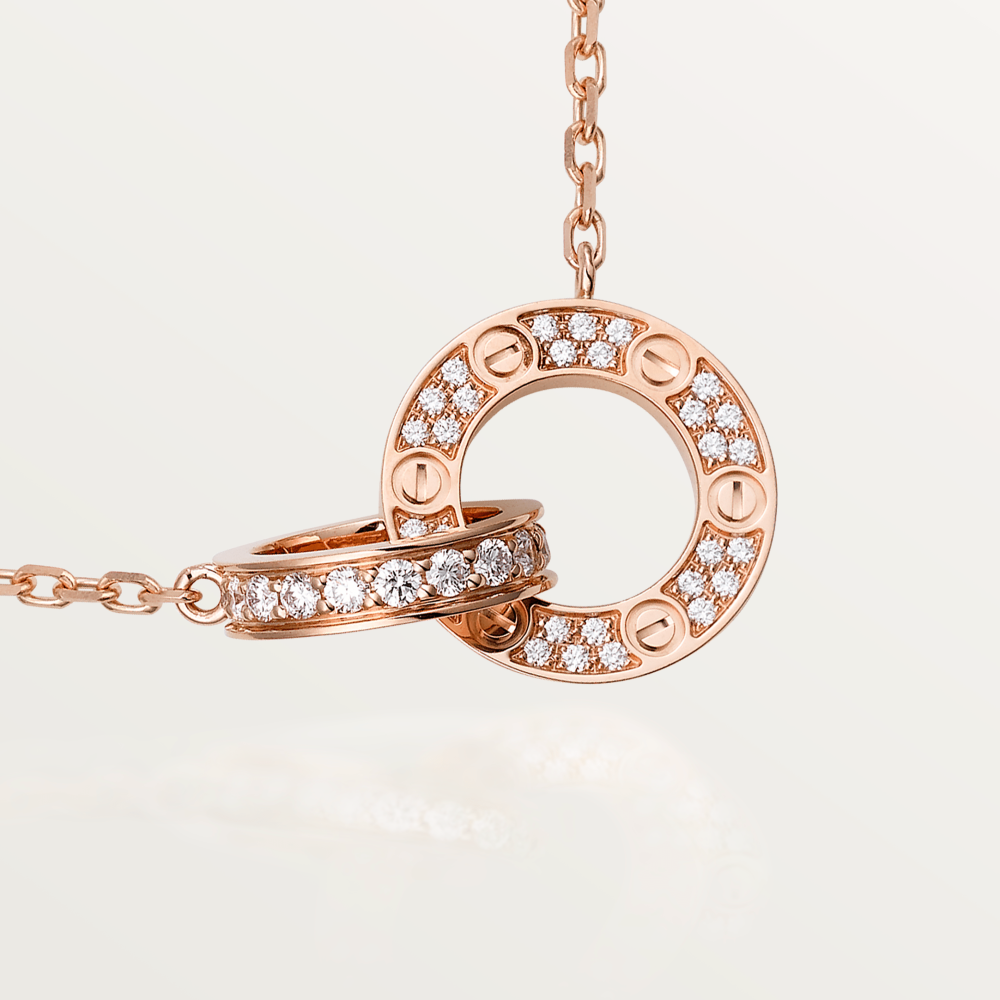 [Royal Jewelry]LOVE 7.6MM NECKLACE ROSE GOLD AND SILVER  FULL DIAMOND