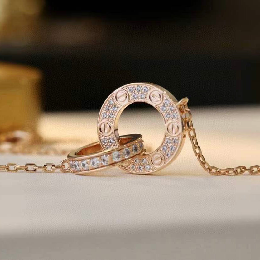 [Royal Jewelry]LOVE 7.6MM NECKLACE ROSE GOLD AND SILVER  FULL DIAMOND