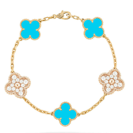 [Royal Jewelry]CLOVER 5 MOTIF TURQUOISE DIAMOND GOLD BRACELET