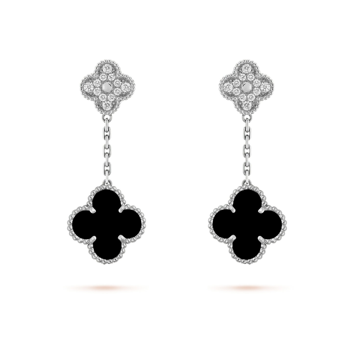 [Royal Jewelry]CLOVER 2 MOTIFS  DIAMOND ONYX EARRINGS SILVER
