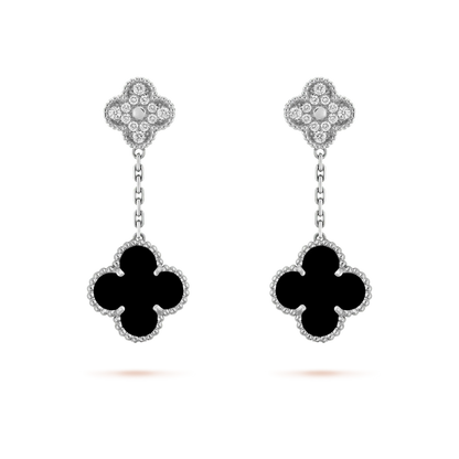 [Royal Jewelry]CLOVER 2 MOTIFS  DIAMOND ONYX EARRINGS SILVER