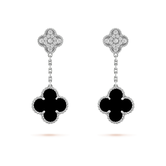 [Royal Jewelry]CLOVER 2 MOTIFS  DIAMOND ONYX EARRINGS SILVER