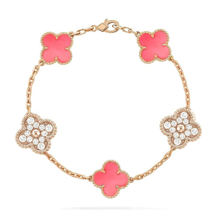 [Royal Jewelry]CLOVER 5 MOTIF DIAMOND PINK MOP PINK GOLD BRACELET