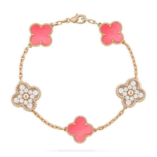 [Royal Jewelry]CLOVER 5 MOTIF DIAMOND PINK MOP PINK GOLD BRACELET