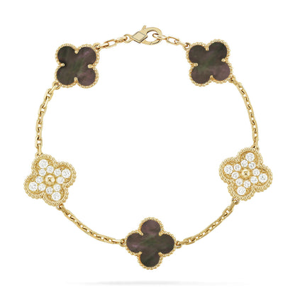 [Royal Jewelry]CLOVER 5 MOTIF GRAY MOP DIAMOND BRACELET